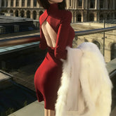 LIZAKOSHT - Korean Simple Style Red Flame Burgundy Deconstruction Hollow Backless Hip Dress 2026 Spring New