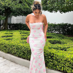 LIZAKOSHT - Elegant Floral Print Strapless Ribbon Sexy Bodycon Maxi Prom Dress Summer Women Clothes Birthday Party Festival