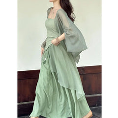 LIZAKOSHT - Retro Women 3PCS Dress Set Green Hanfu Suit Summer New Chinese Style Qipao DressMesh Cardigan Strap Vestidos Cheongsams Costumes