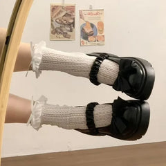 LIZAKOSHT - Chunky Platform High Heels Pumps Women Summer Leather Bow Mary Jane Shoes Woman Thick Heeled Off White Black Lolita Shoes