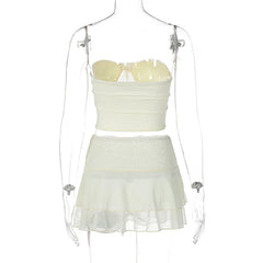 LIZAKOSHT - Women Sexy See Through Lace Mesh Ruffles 2 Piece Set Strapless Backless Crop Tops + Mini Skirts Night Clubwear Party Suits