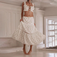 LIZAKOSHT - Vintage Frill Strap Front Tie Up Crop Tops + Maxi A-line Skirt Elegant Women Chic 2 Piece Set Fairy Y2K Matching Outfits