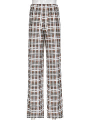 LIZAKOSHT - Vintage Brown Plaid Pants for Women Sweet Casual Chic Trousers Y2K Streetwear Loose Bottoms Fashion Harajuku HomePants