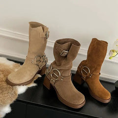 LIZAKOSHT - Luxury Platform Mid Calf Combat Boots Women Chuny Heel Buckle Vintage Fashion Casual Shoes Western Suede Botas Mujer