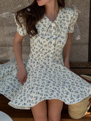 LIZAKOSHT - 2026 Summer New Floral Short Sleeve Dress Women's Elegant Slim Fit Sweet Button Front Puff Sleeves Mini Dress