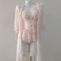 LIZAKOSHT - Romantic Flower French Sexy Lingerie Corset Vest Slim Waist Lace Mesh Fishbone Bra Nightdress with Panty Underwear Set Sleepwear
