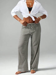 LIZAKOSHT - Stylish Women s Striped Trousers with Drawstring Waistband Loose Fit and Low Rise - Versatile Casual Pants for Any Occasion
