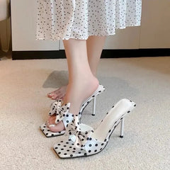 LIZAKOSHT - Summer Women Satin Butterfly-knot Polka Dot Slippers Sexy Stiletto Heel Dress Shoes Elegant Banquet Stripper Party Slides Shoes