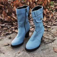 LIZAKOSHT - New Denim Mid Calf Boots,Ladies Short Booties,Winer Cotton Shoes,Botas,Block Heel,Side Zipper.Black,Blue,Size 35-43,Dropship