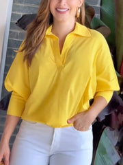 LIZAKOSHT - Women Elegant Solid Color Cotton Blouse Summer Casual V Neck Loose Shirt Trendy Lapel Office Lady Shirts Tops 2025 New