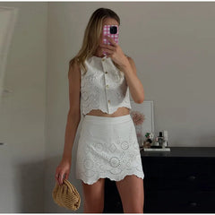 LIZAKOSHT - Fashion Hollow Out Vest Skirt Women Set Sleeveless O-neck Single Breasted Top Min Empire Skirts 2025 Summer Chic Lady Outfit