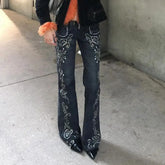 LIZAKOSHT - American Jeans Hot Girl Printed Gem Pattern Women New Design Micro-Flared Floor-Length Trousers