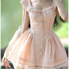 LIZAKOSHT - Women's Design-sensual Straps Lace Spliced little Flying Sleeves Princess Pure and Sweet Waist-hugging Slim Dress