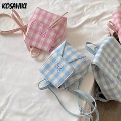 LIZAKOSHT - Korean Preppy Sweet Plaid Girls Backpack Y2k Aesthetic Bow Casual Kawaii Schoolbags Women Students All Match Fashion Backpacks
