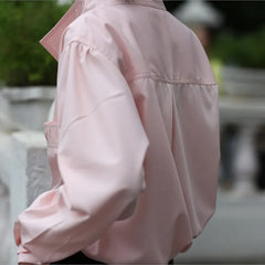 LIZAKOSHT - Autumn New Solid Pink Fashion Women Blouse Office Lady Slit Stand Collar Shirts Loose Casual Simple Female Coat Jacket