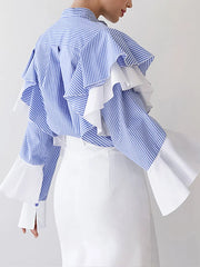LIZAKOSHT - Oversized Blue Shirts Women Autumn Patchwork Ruffle Sleeve Striped Blouses Female French Elegant Casual Single Breasted Blusas