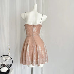 LIZAKOSHT  -  Sequins Dresses Sling High Quality Women Pink Dress Vintage Sleeveless Off Shoulder Y2k Elegant Party Waist Slimming Short Dress