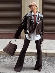 LIZAKOSHT - Solid PU Leather Biker Short Jacket Women Lapel Collar Full Sleeve Zipper Belted Hem Jacket 2025 Autumn Female New Edgy Outfit