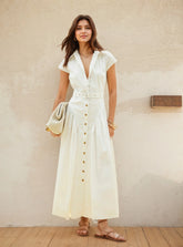 LIZAKOSHT - French Lapel Long Dress Single-breasted Women's Summer Slim Dress Fashionable Commuter Women's Clothing