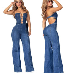 LIZAKOSHT  -  Fashion Sexy Solid Color Denim Jumpsuits Summer Clothes Women Strapless Backless Straight Jeans Playsuits One Pieces Overalls