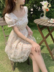 LIZAKOSHT - Square Collar Causal Lace Patchwork Women Dress All Match Floral Print Dresses Chic Fashion Elegant Vestido De Mujer