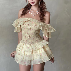 LIZAKOSHT - Off Shoulder Sexy Floral Print Mesh Bow Fashion A-line Bodycon Pleated Mini Dress Summer New Sweet Cute Party Vestidos