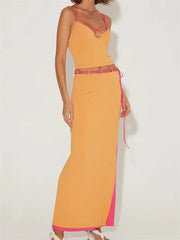 LIZAKOSHT - Sexy Women 2 Pieces Summer Outfits Sleeveless Spaghetti Strap Halter Camis Tops Split Long Skirts Sets Beachwear
