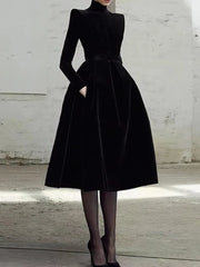 LIZAKOSHT  -  Womens Evening Dresses High Neck Midi Dress New Black Long Sleeves Elegant Party Dress for Female Casual Gathering