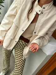 LIZAKOSHT  -  Women Solid Single Breasted Zipper Pockets Jacket Chic Loose Stand Collar Long Sleeve Coat Autumn Female Commuting Outerwear