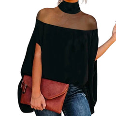 LIZAKOSHT - Fashion Batwing Sleeves See-Through High-Neck Blouses Summer Causal Going Out Shirts Tops For Women
