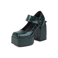 LIZAKOSHT - Lady Mary Jane Formal shoes for women Thick Heel Platform Hook & Loop Metal Buckle Square toes High-heeled shoes
