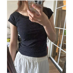 LIZAKOSHT  -  Women Black Polka Dot Lace Lace Crop Top 2024 Summer O-neck Short Sleeve Waffle T-shirt Female Sweet Cute Preppy Chic T-shirt