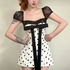 LIZAKOSHT - French Vintage Style Bow Polka Dot Dress Women Spring Elegant Mesh Spliced Pencil Dresses Korea Chic Design Party Outfits