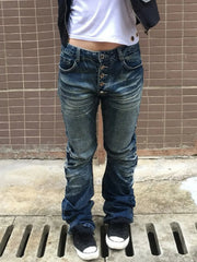 LIZAKOSHT - Washed Distressed Micro-flared Jeans for Women Stylish High Street Straight Jeans Millennial Harajuku Style Hip Hop Y2k Trousers