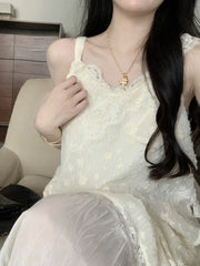 LIZAKOSHT - Summer Lace Floral Midi Dress Woman Elegant One Piece Dress Korean Fashion Beach Style Sleeveless Casual Sundress Beige