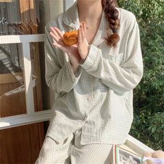 LIZAKOSHT  -  Spring Home Clothe Sets Sweet Women Plaid Casual Chic New Comfortable All Match Sleep Wear Loose Pajama Suits