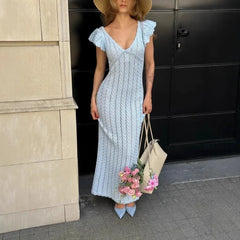 LIZAKOSHT  -  Temperament Ruffle Knit Dress Sexy V Neck Sleeveless Backless Sexy Knit Long Dress Elegant Luxury Y2k Women's Evening Dresses