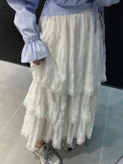 LIZAKOSHT - Spring Summer Wrinkled White Black Pleated Skirt Women Korean Vintage High Waisted Splice Lace Skirts Long falda plisada