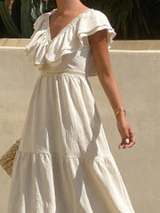 LIZAKOSHT - Fashion Double V-neck Solid Color Dress Elegant High Waist Hollow Out Party Dress Summer New Bohemian Style Beach Vacation Dress