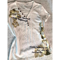 LIZAKOSHT - White V-neck Flower Printed Short-sleeved T-shirt Women American Vintage Top Casual New Chic Fashion Summer 2024 Elegant Tees