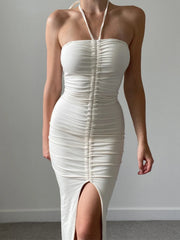 LIZAKOSHT - Summer New Dstring Pleated ter Dr Sexy Tight Wrap around Bodycon Long Skirt without Sve Polyester Fiber Midi Dr