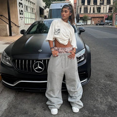 LIZAKOSHT - Fashion Women Double Waist Straight Pants Printed Patchwork Waist Drawstring Sweatpants Loose Casual Trousers Streetwear