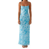 LIZAKOSHT - Women Summer Glitter Sequin Beaded Flower Cami Dress Slim High Split Spaghetti Strap Open Back Long Dresses for Party Club