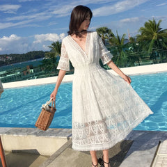 LIZAKOSHT - White Beach Dr Women's Summer New Orange Bellflower A-Line Midi Dr Sweet V-Ne ort Sve