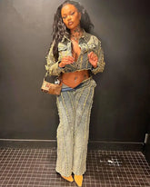 LIZAKOSHT  -  Vintage Tassel Hand Frayed Denim Two Piece Set Casual Turn-down Collar Jackets Crop Top + Pants Slim Streetwear Outfits Suits