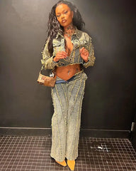 LIZAKOSHT - Vintage Tassel Hand Frayed Denim Two Piece Set Casual Turn-down Collar Jackets Crop Top + Pants Slim Streetwear Outfits Suits