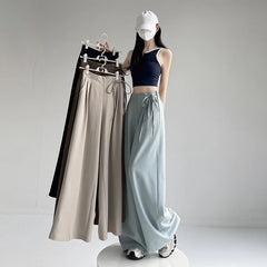 LIZAKOSHT - New Spring Summer Buttons High Waist Wide Leg Pants for Women High Waist Lace-up Straight Loose Full Length Trousers Female