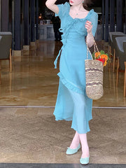 LIZAKOSHT Fashion Dresses for Women Short Sleeve French Style Ruffles Dress Solid Midi Casual Square Collar New Spring Summer Dress