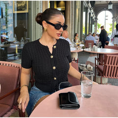LIZAKOSHT - Elegant Knitted Single Breasted Cardigan Women Casual O-neck Short Sleeve Sweater Sweater 2025 Spring All-match Lady Knitwear
