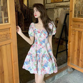 LIZAKOSHT - Vestidos Mujer Print Floral Puff Sleeve Spring Summer Mini Dresses Sweet Vintage Korean Fashion Elegant Woman Dress